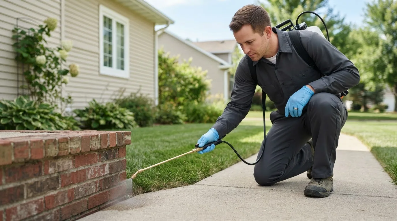 Pest control technician treating a home near Yoder, IN
