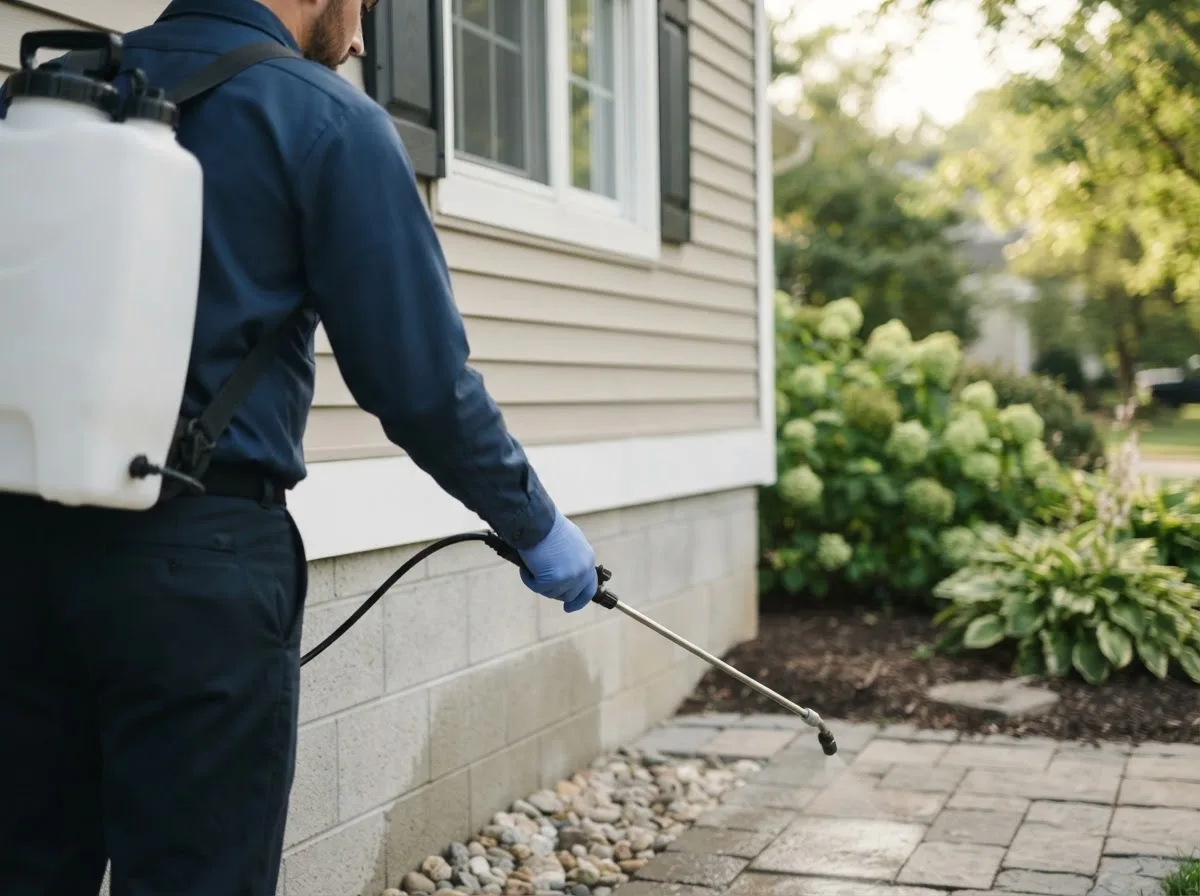 Pest control technician inspecting a home in Yoder, IN